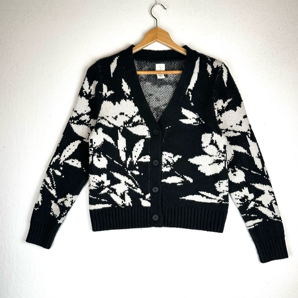 Joie Floral V-Neck Button Cardigan Sweater Abstract